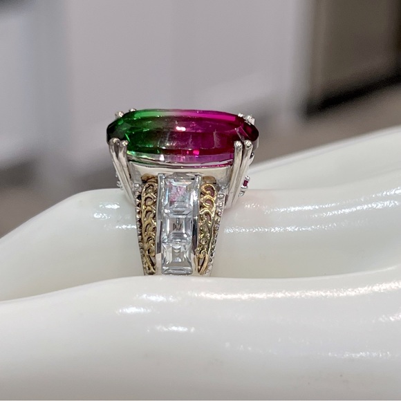 Watermelon Quartz Multigemstone 14K YG Sterling Silver Statement Ring - Picture 8 of 12